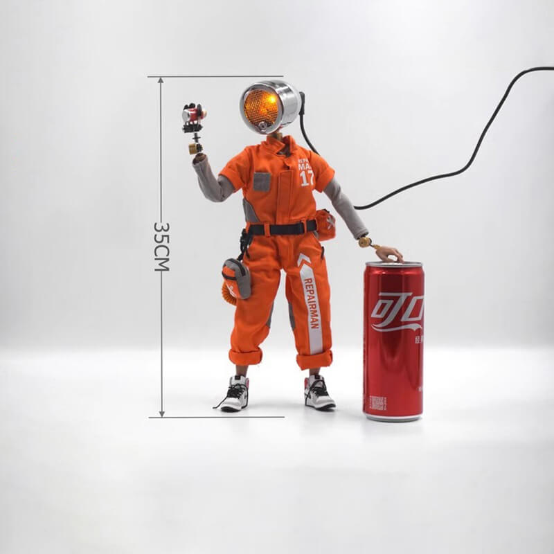 Dimensions of humanoid cyberpunk desk lamp in orange clothing