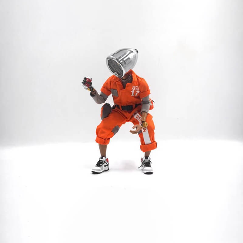 Humanoid cyberpunk desk lamp in orange clothing crouching