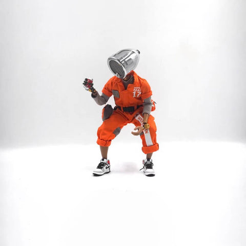 Humanoid cyberpunk desk lamp in orange clothing crouching