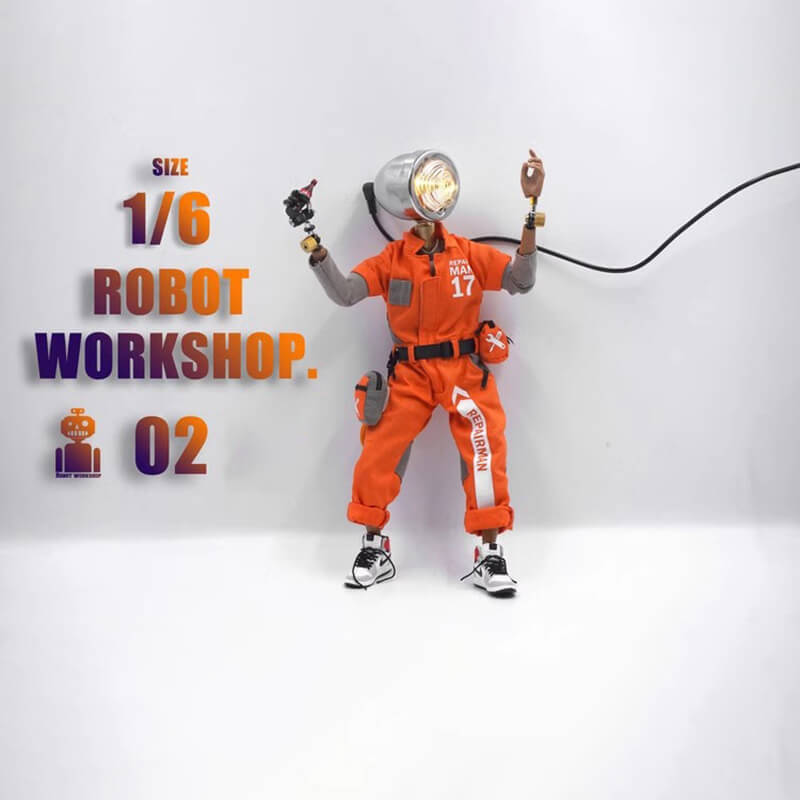 Humanoid cyberpunk desk lamp in orange clothing raising both hands