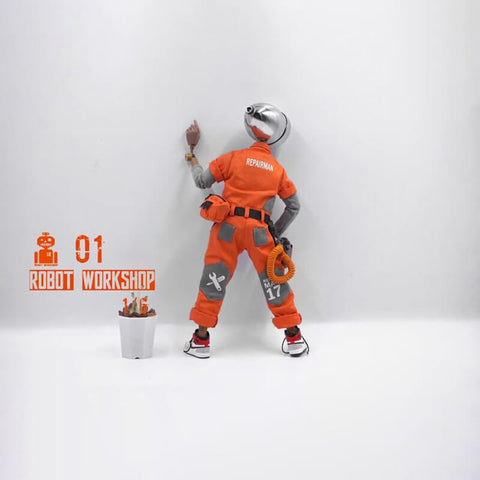 Humanoid cyberpunk desk lamp in orange clothing facing away