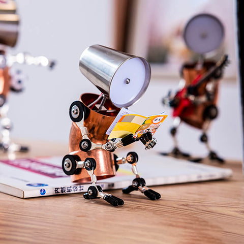 Humanoid cyberpunk desk lamp reading a book