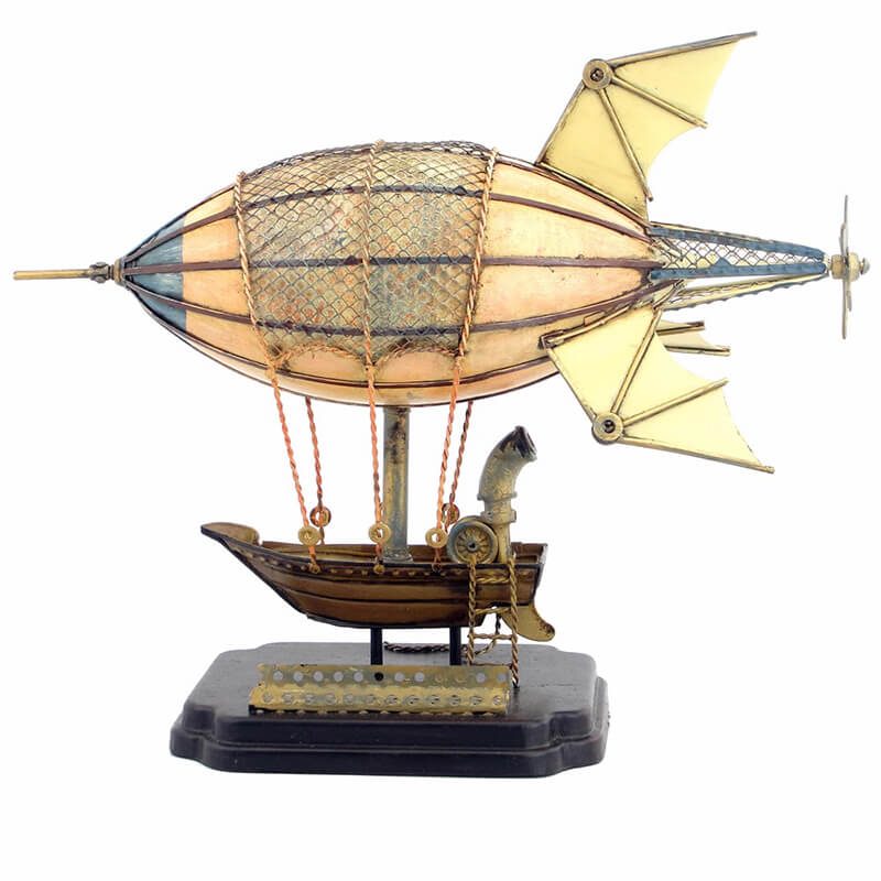 Side view of steampunk retro European-style airship handcrafted metal model