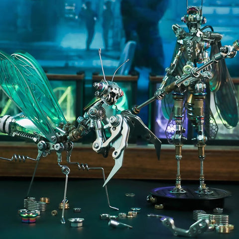 Scene showcasing the 3D metal mantis model in a natural setting