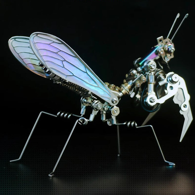 Close-up of 3D metal mantis model wings