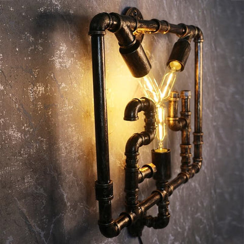 Side view of black metal pipe 24-shaped wall lamp