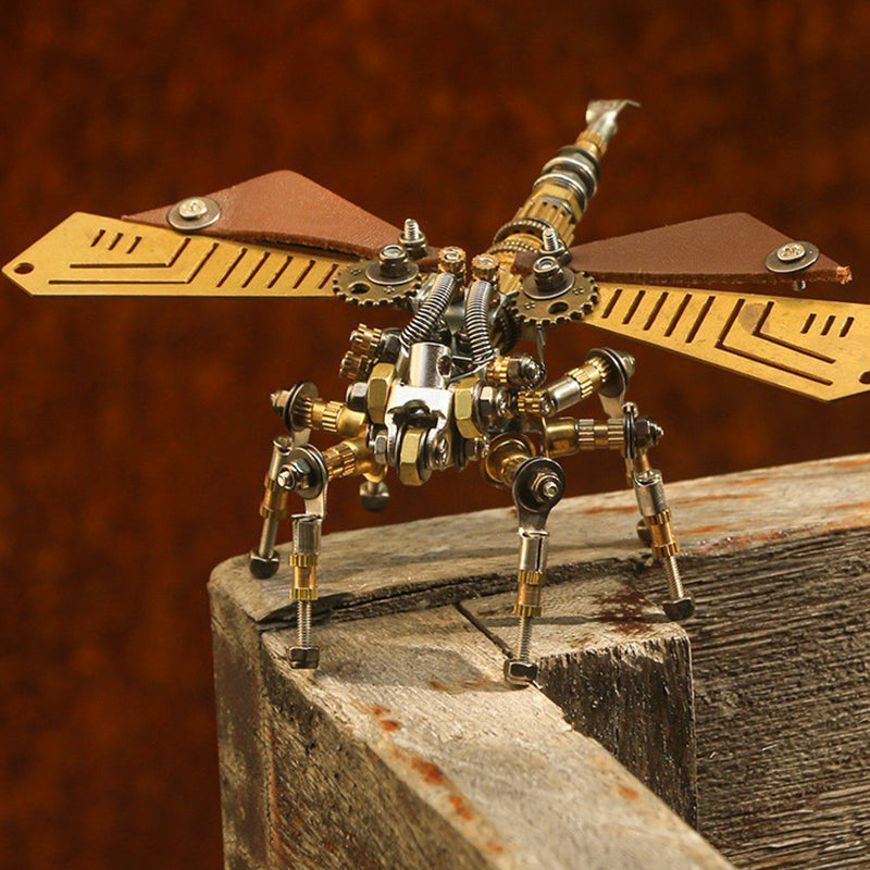 steampunk-mechanical-dragonfly-metal-model-kit-front-view-on-log