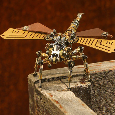steampunk-mechanical-dragonfly-metal-model-kit-front-view-on-log