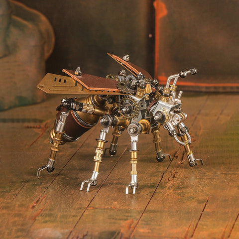 steampunk-mechanical-fly-ant-metal-model-kit-side-view-on-wood