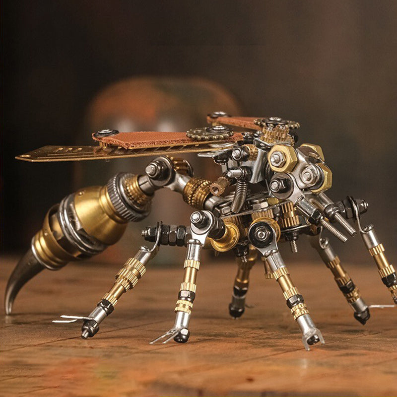steampunk-mechanical-hornet-metal-model-kit-side-view-on-wood